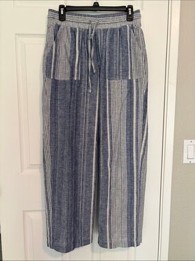 Striped Wide-Leg Drawstring Pants - Blue